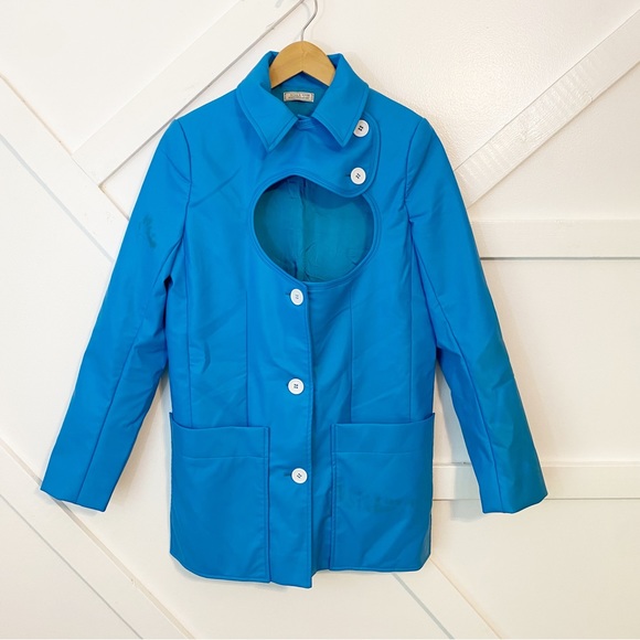 Nina Ricci Asymmetric Cutout Faux Leather Button Front Collared Blazer Blue 34 - Picture 3 of 14